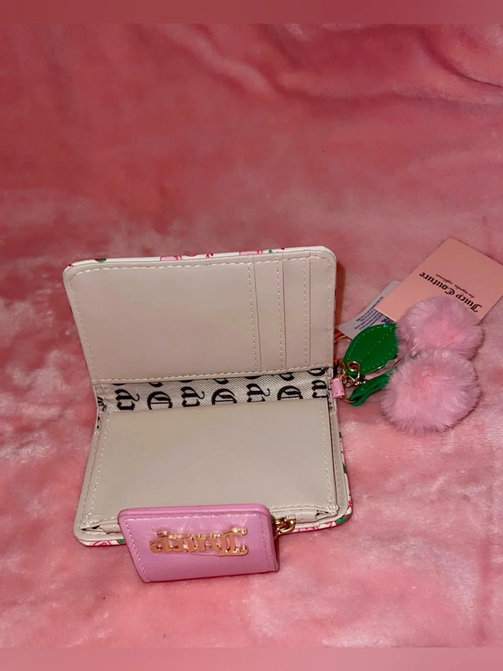Juicy Couture Pink & Soft White Cherry Accent Mini Wallet with Cherry Pom Charm
